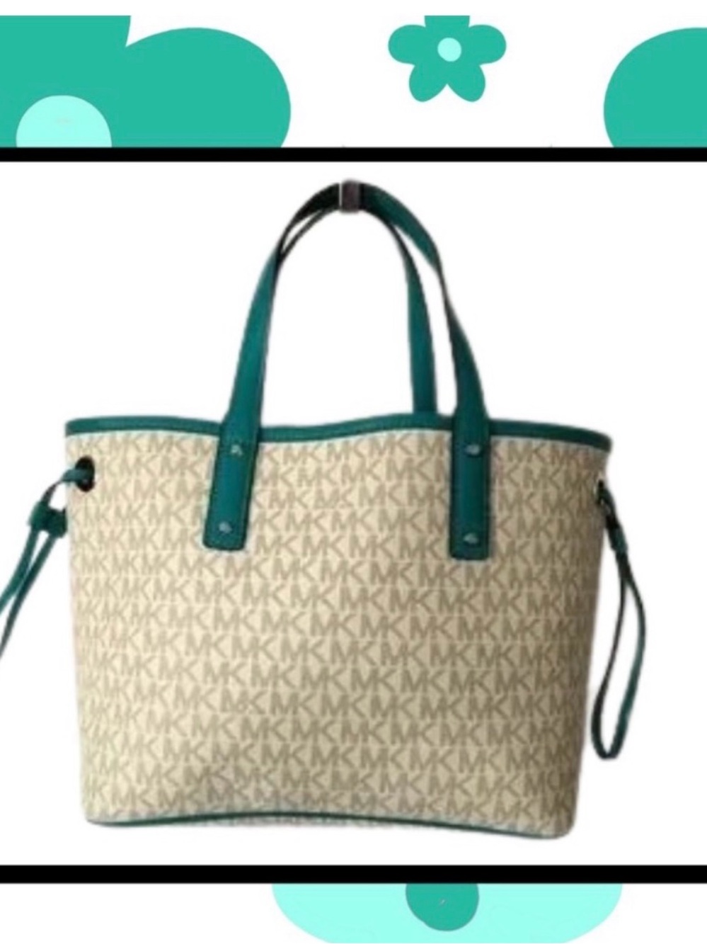 Michael Kors Beige Logo Tote with Turquoise Trim - Picture 2 of 7